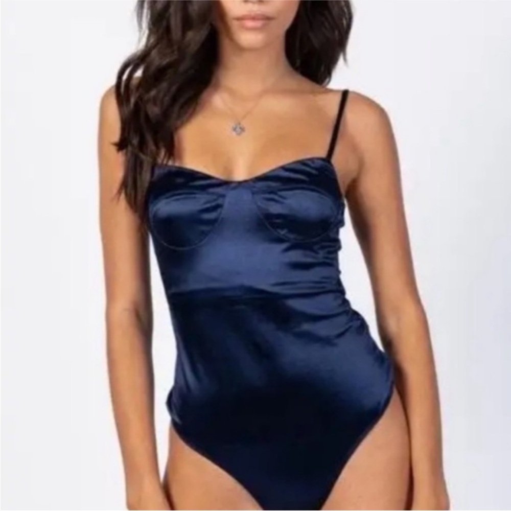 Princess Polly Navy Blue silky Bodysuit